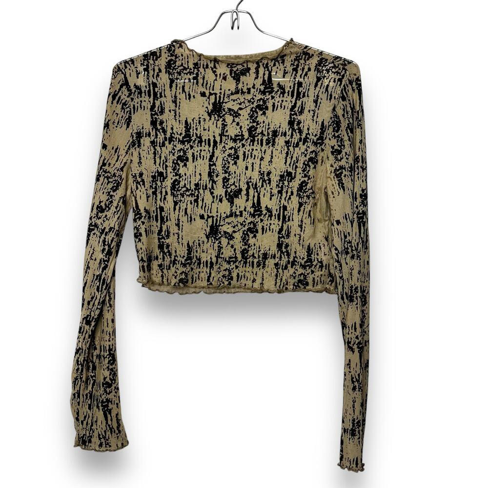 Shein Size Medium Tan Black Cropped Mesh Long Sleeve Top Lettuce Edges Grunge